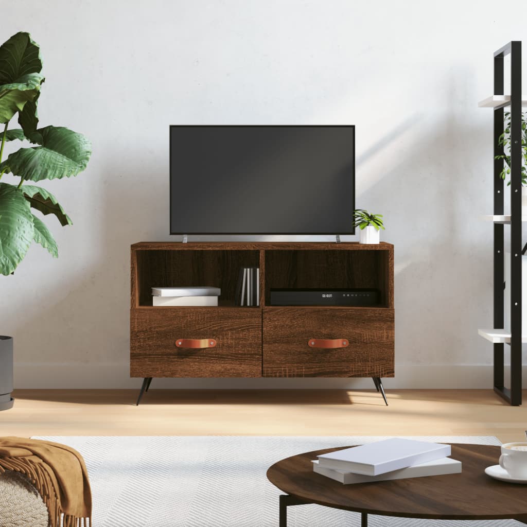Console Scandinave Bois D'ingénierie Marron – Avec 2 Tiroirs, Plateau Rotin, Pieds Pin Massif – 80x30x75 Cm