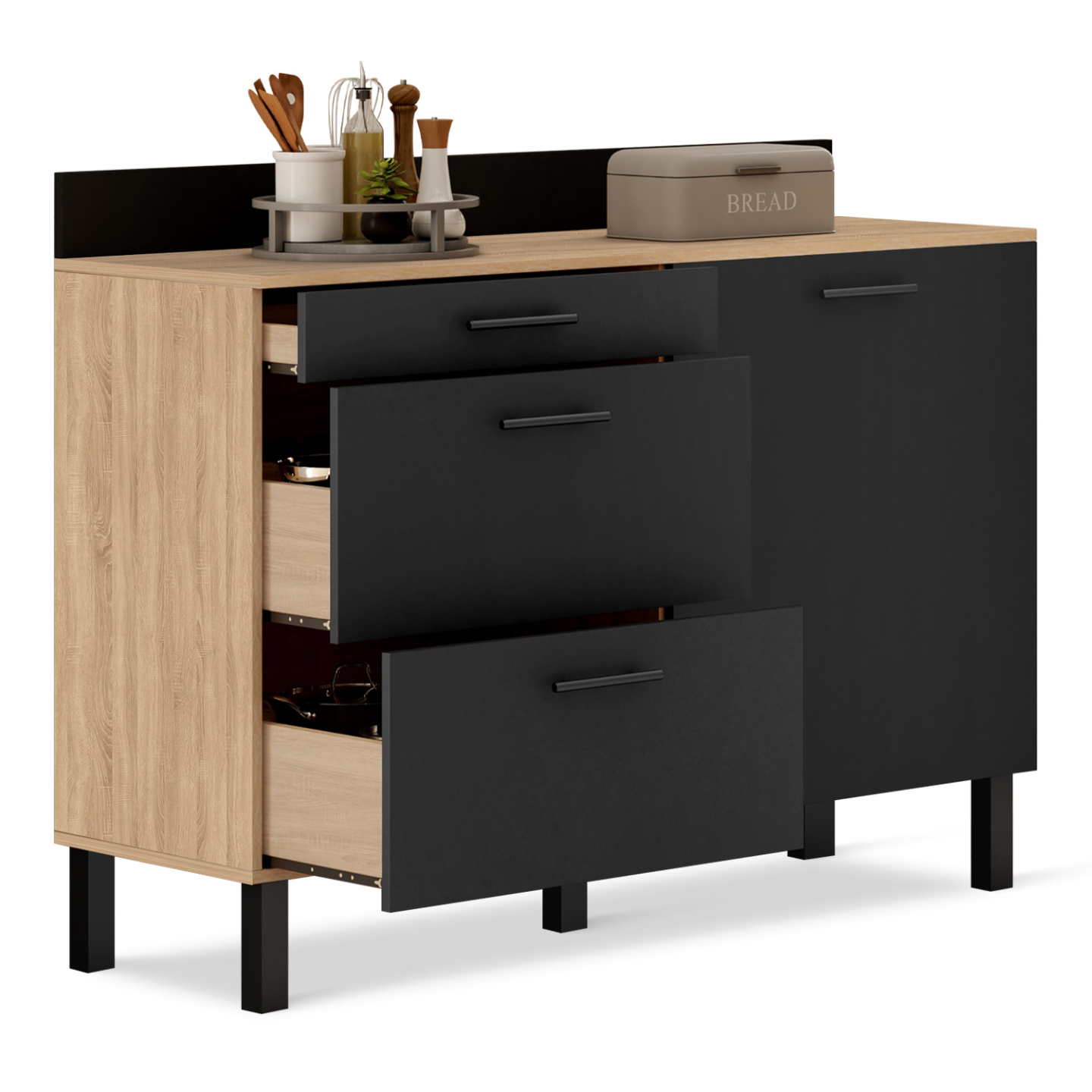 Buffet bas casserolier de cuisine 120 cm CINA plan de travail H.83 cm 1 porte + 3 tiroirs façon hêtre et noir - 2