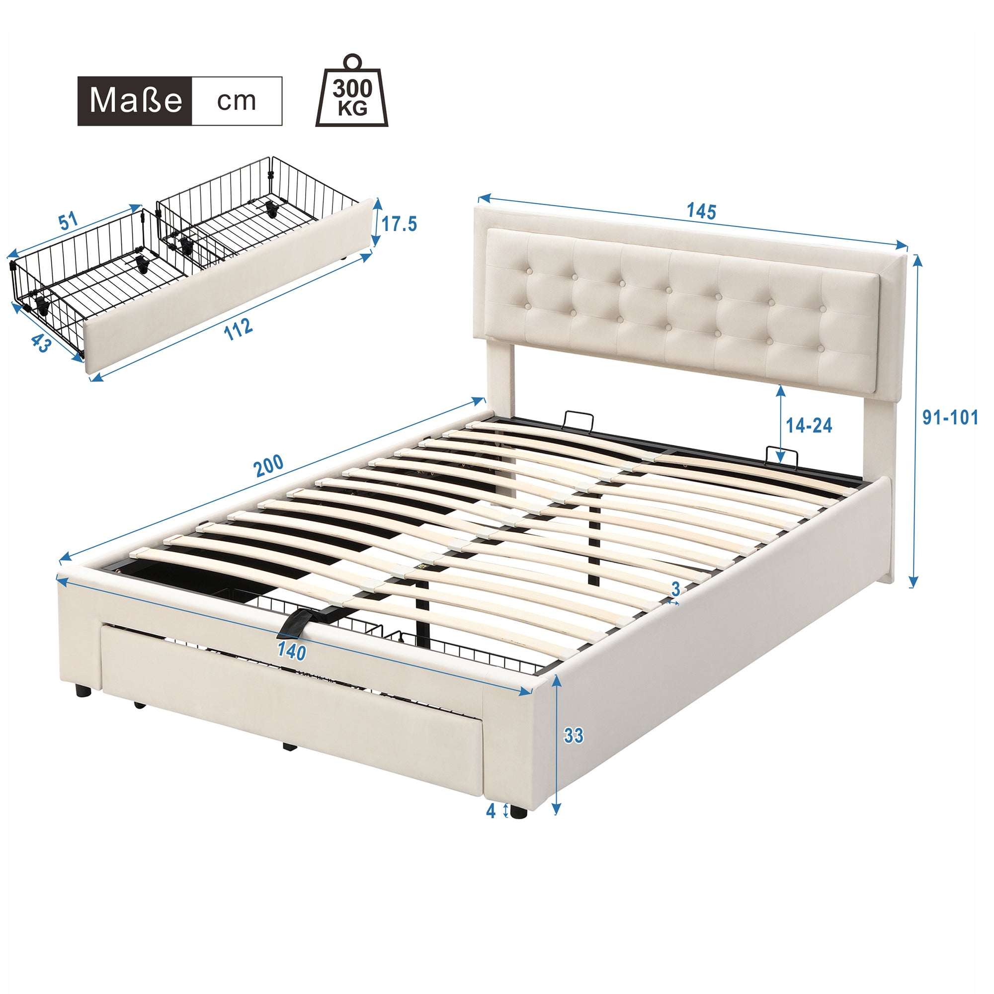 Cama contenedor con cabecero - 140 x 200 cm - 2 cajones - terciopelo - somier de láminas - estilo contemporáneo - blanco - 4