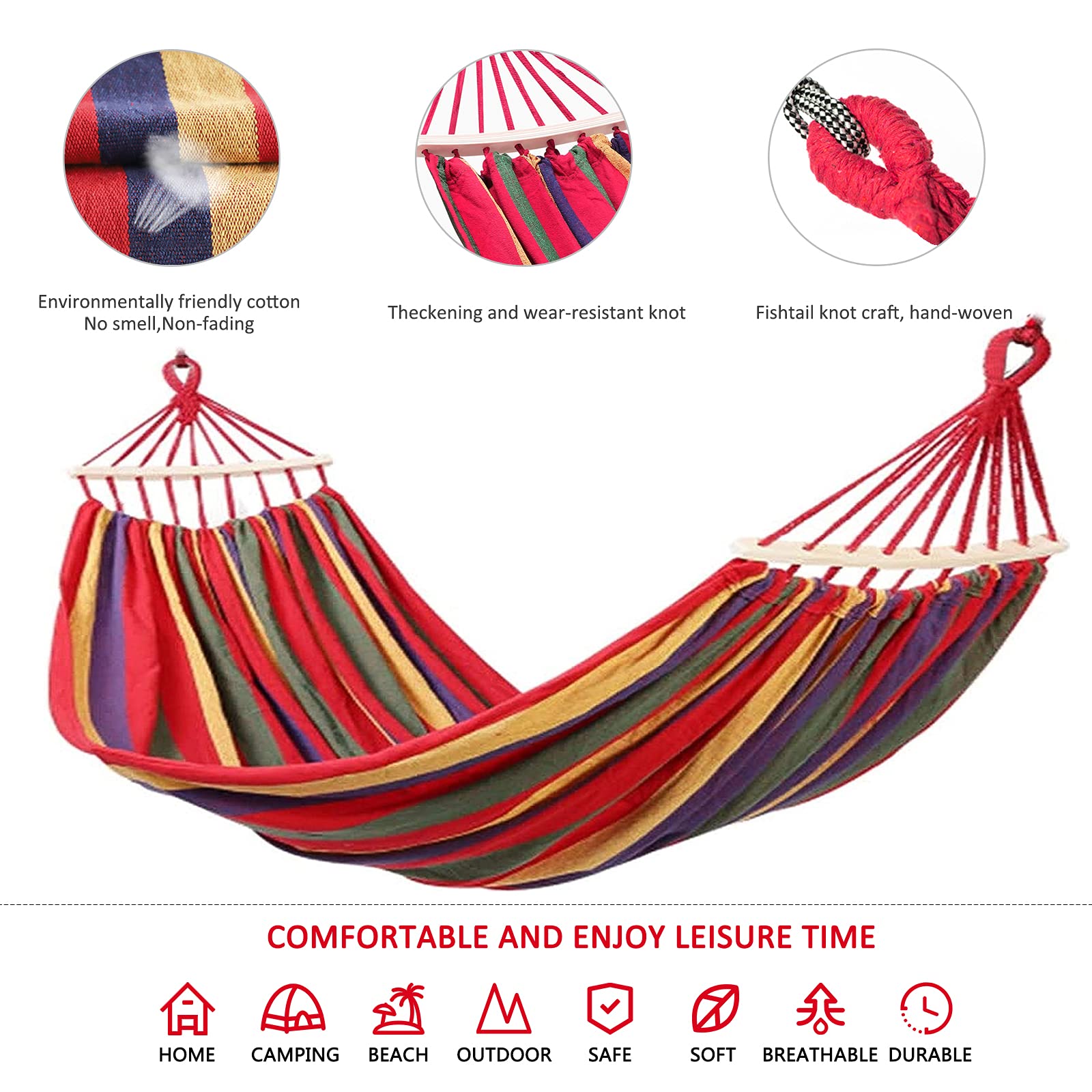 Hamac double, hamac en toile de coton pour 2 personnes, 450 lb, avec sac de transport, deux poutres d'équilibre anti-roulis, pour patio et jardin - 2