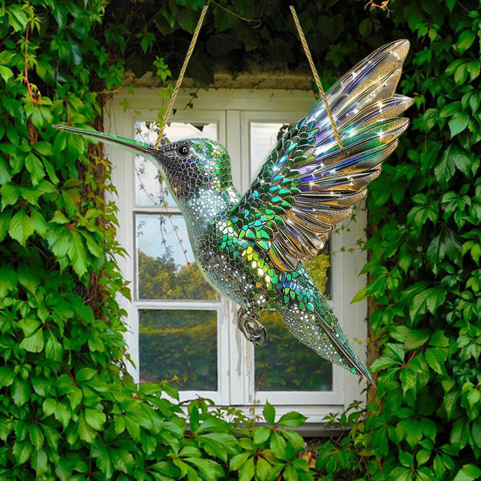 Lot de 2 décorations en forme de colibri, décorations à suspendre en vitrail en forme de colibri – Décoration de fenêtre en acrylique pour jardin - 2