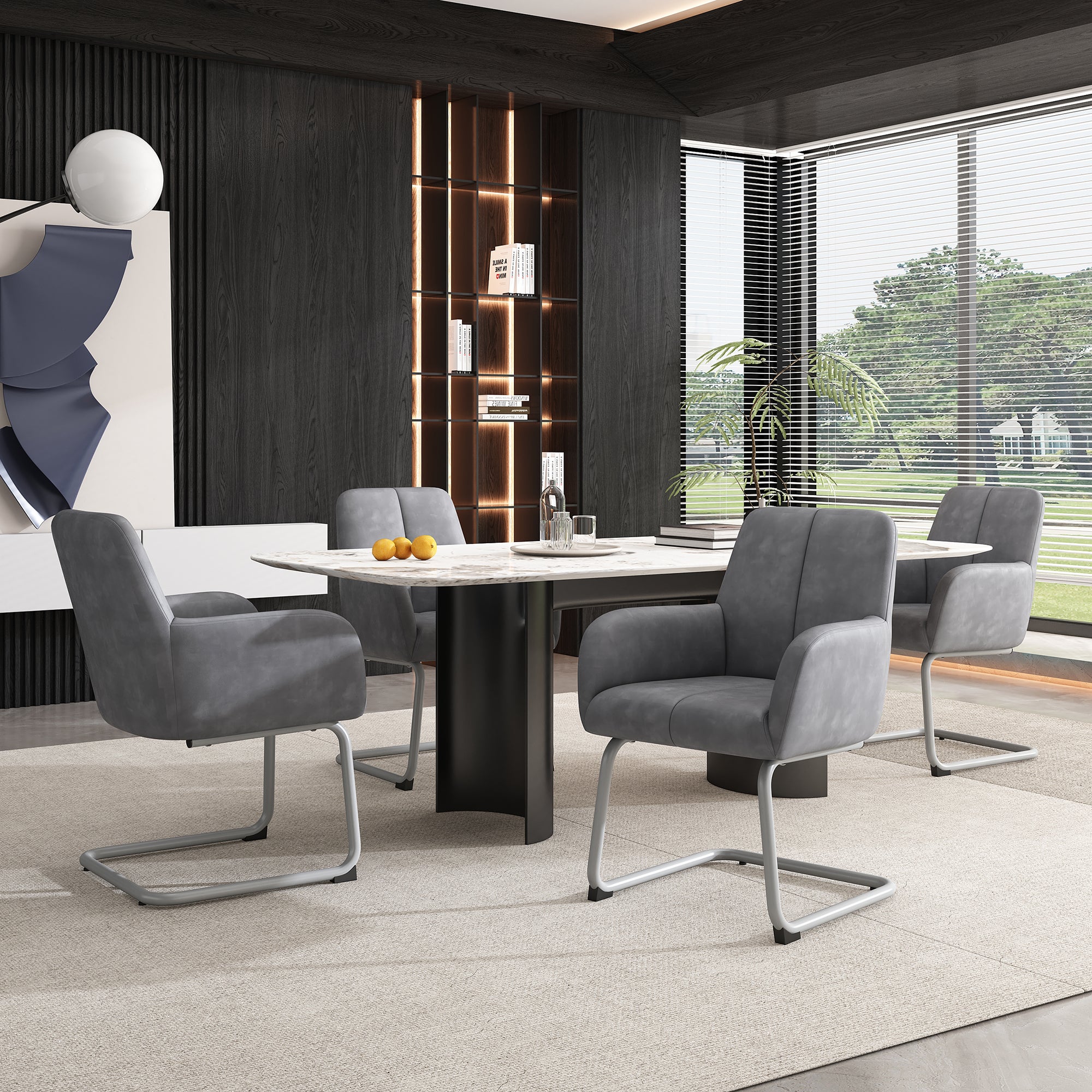 Zestaw 4 krzeseł do jadalni Cantilever z podłokietnikami - 45 x 51 x 86 cm - sztuczna skóra i wygięte stalowe nogi - szary