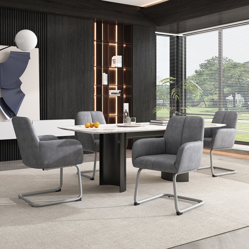 Zestaw 4 krzeseł do jadalni Cantilever z podłokietnikami - 45 x 51 x 86 cm - sztuczna skóra i wygięte stalowe nogi - szary