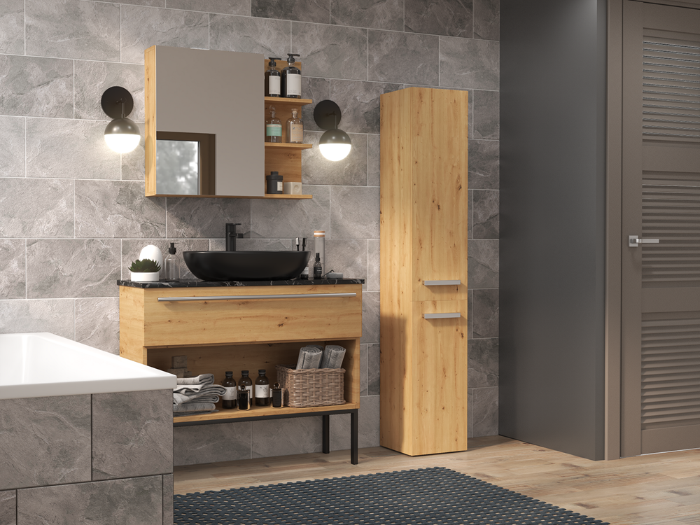 KOMMA - Meuble salle de bain 2 portes - 31x30x174 cm - Colonne rangement SDB - Chêne - 6