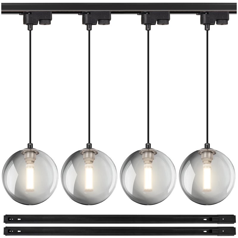 Lampa szynowa wisząca 4x KULA GRAFITOWA klosz dymiony G9 + 2x szynoprzewód 1m Oprawa szklana OZDOBNA z kablem - LEDHOFF