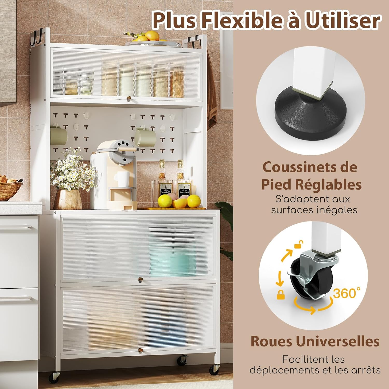 Aparador Alacena de Cocina, Soporte para Microondas con Puertas Inclinables y Gabinetes, Panel de Perforaciones con Ganchos, Ruedas y Patas Aj - 7