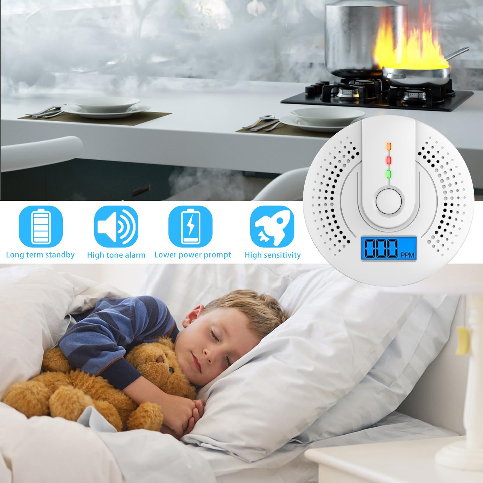 Detector de monóxido de carbono, pantalla digital y alarma sonora, alarma portátil de viaje, 9,6 x 9,6 x 3,1 cm, color blanco (sin batería) - 7
