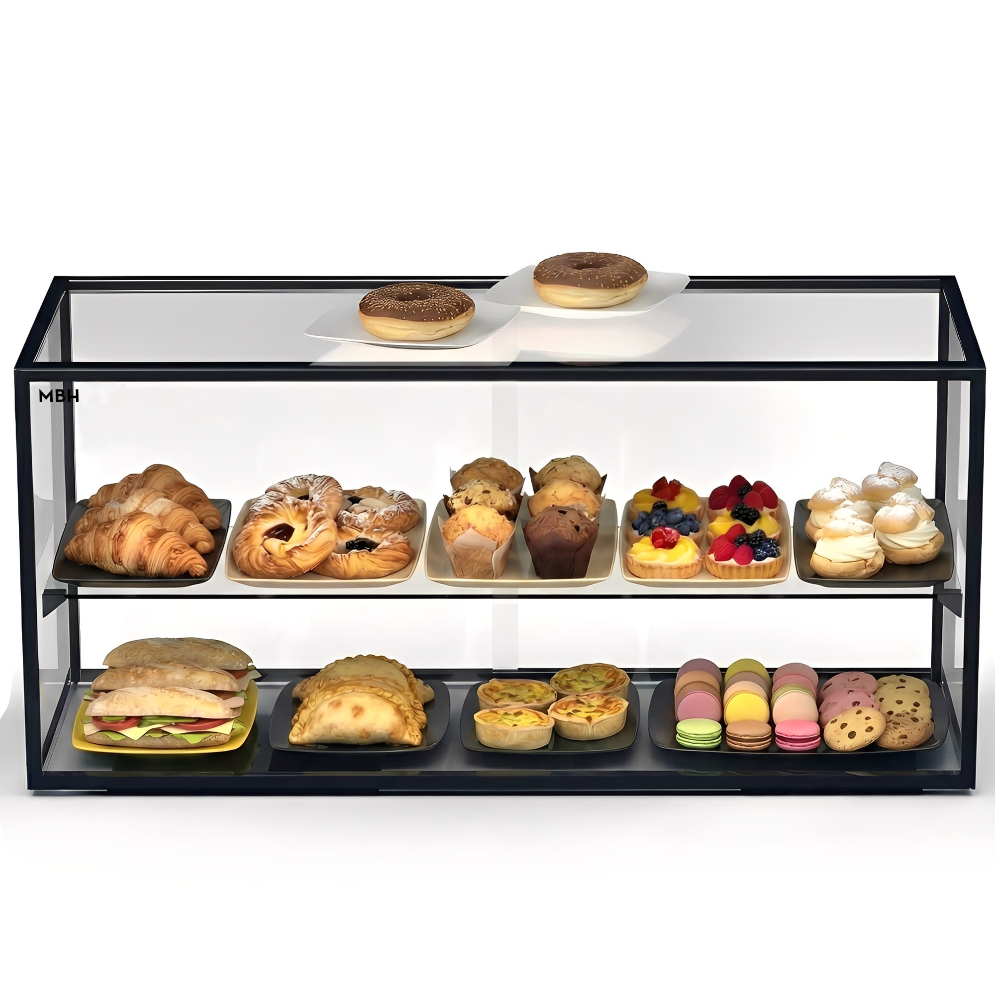 MBH - Vitrine d’exposition neutre avec éclairage LED 92 cm 2 niveaux pour CHR. Présentoir neutre en verre pour viennoiseries et pâtisserie. - 2