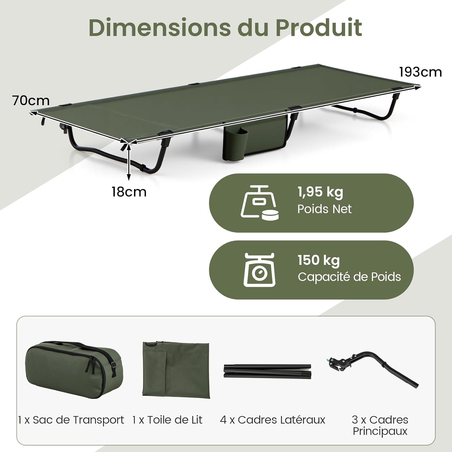 Cama de campanha dobrável para 1 pessoa, bolsa de transporte, bolso lateral, exterior para caminhadas, carga de 150 kg, 193 x 70 x 18 cm - 2