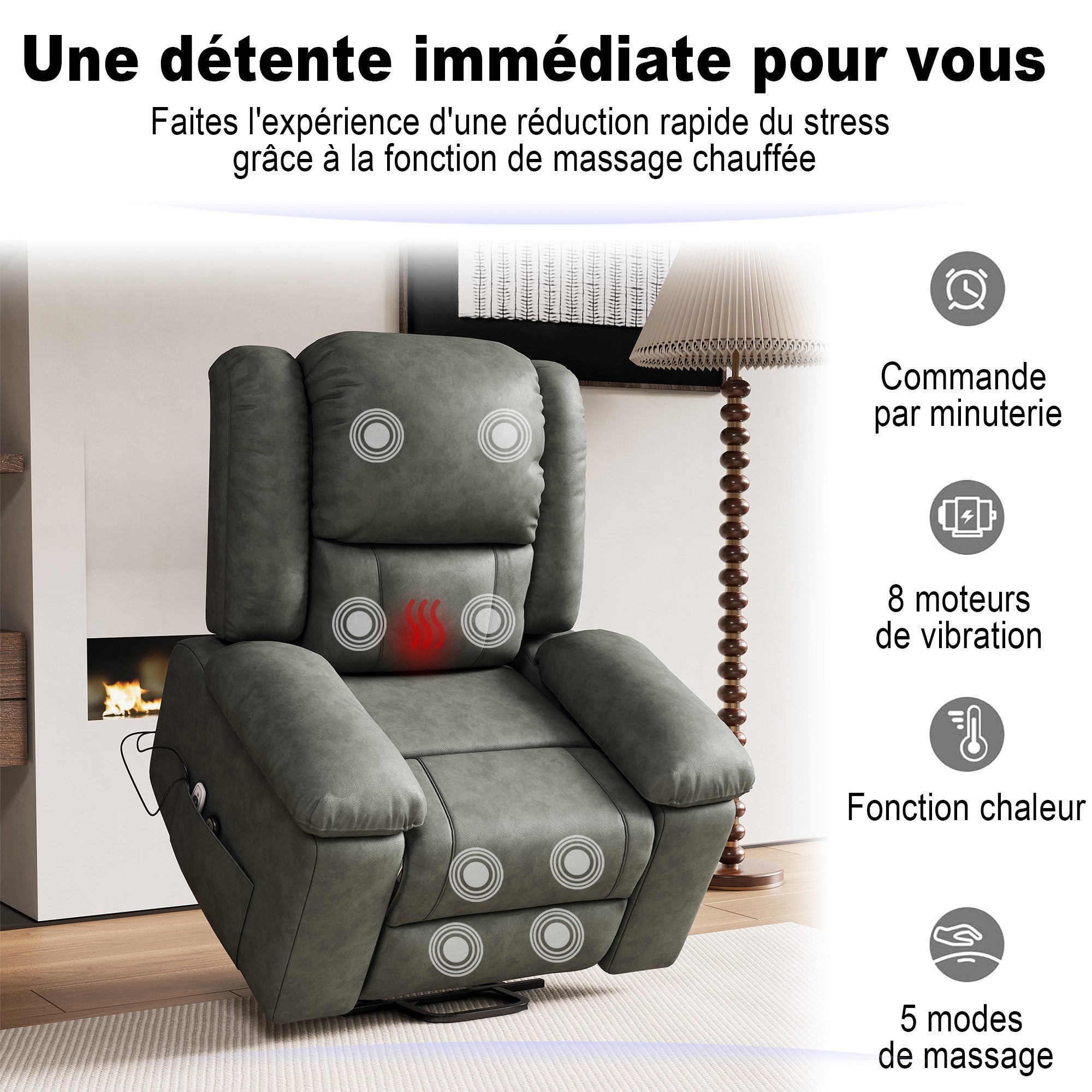 Fauteuil Électrique Releveur et Inclinable avec Fonction Massage - Chauffant 8 Points, Ports USB - Pour Seniors et Dégaine - Gris - 9