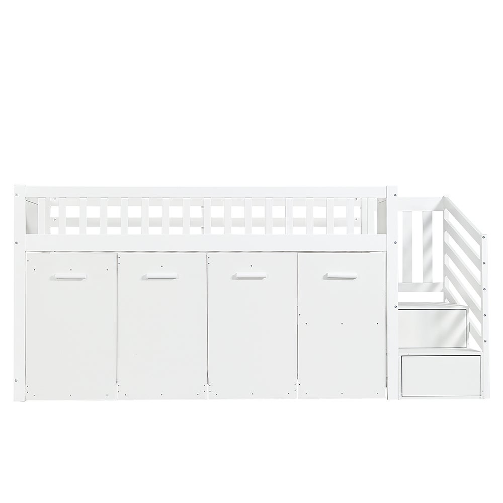 Lit superposé pour enfants 90x200 cm , lit multifonctionnel avec garde-corps, bureau/penderie/armoire avec 2 armoires de rangement, pin + MDF, blanc - 6
