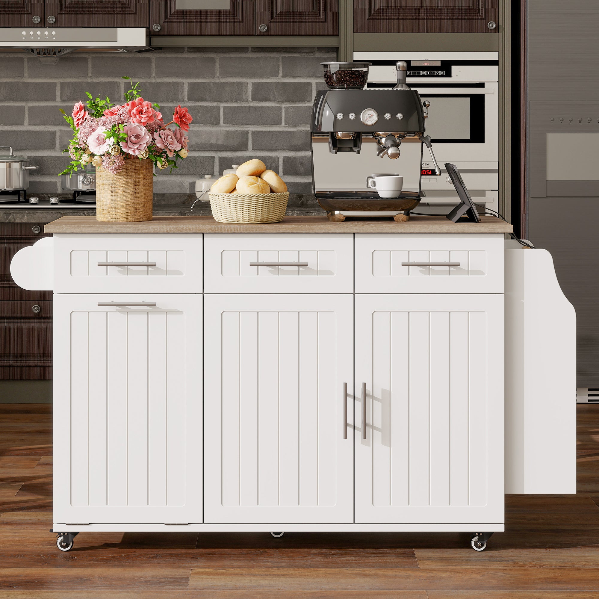 Isla de cocina con ruedas 120x40x70 cm, encimera extensible, toma+usb, almacenaje+papelera, blanco