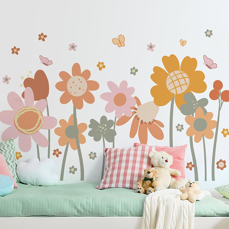Naklejki ścienne z motywem stokrotek, naklejki ścienne z motywem boho, dekoracje do pokoju dziecięcego, pokoju niemowlęcego, salonu