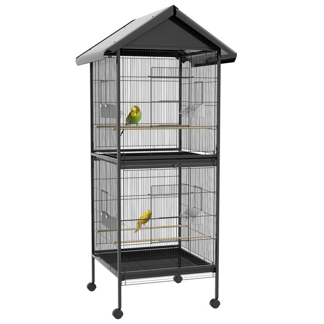 Gaiola para Pássaros 2 em 1 Dupla com Rodas 78x75x168cm - 4 Comedouros e Poleiros - Preto