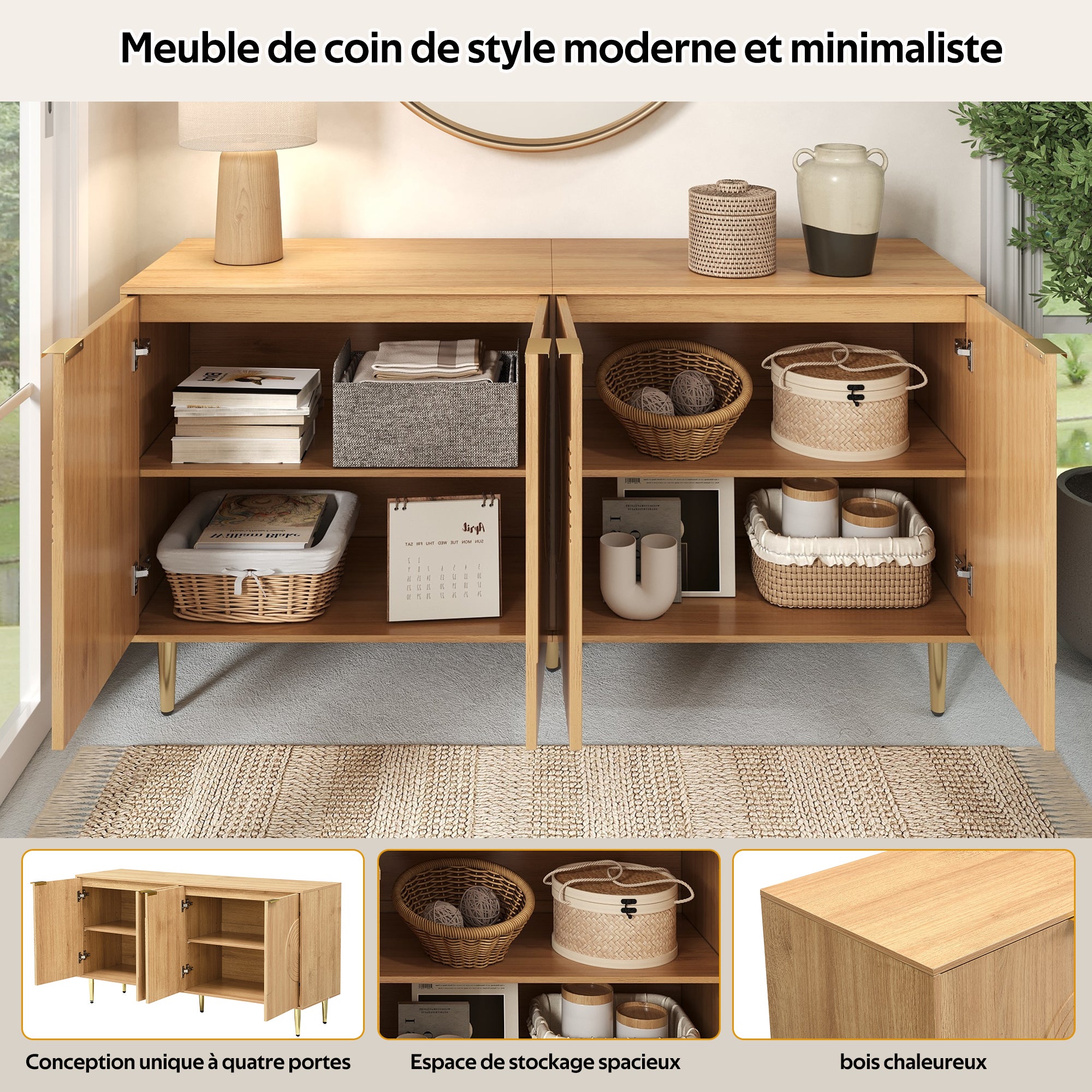 Buffet moderne 140x40x72 cm - 4 portes - Finition bois - Étagères réglables - Pieds en métal - MDF - Naturel - 2