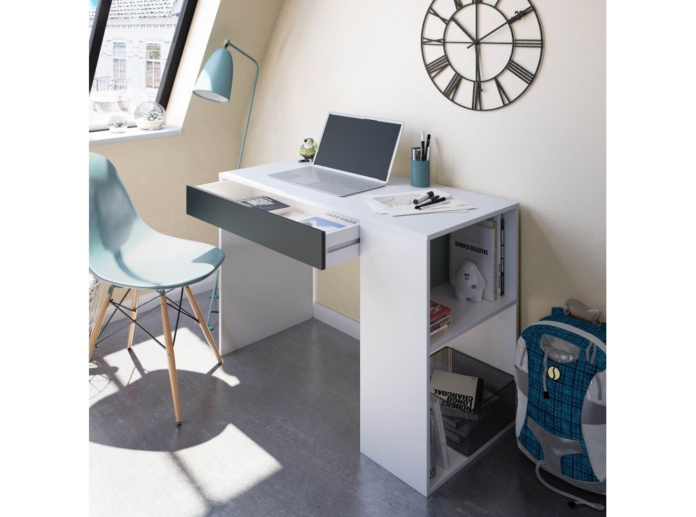 Bureau Moderne Avec Tiroir 101x50x73 Réversible Avec Tablettes Latérales Blanc - 2