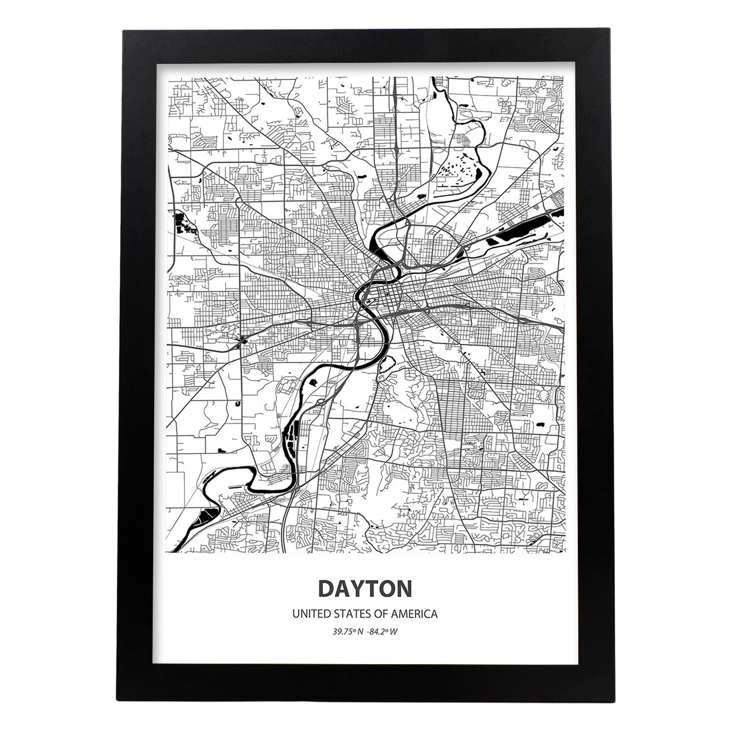 Poster con mapa de dayton usa. láminas de ciudades de estados unidos con mares y rios en color negro. sin marco - a3