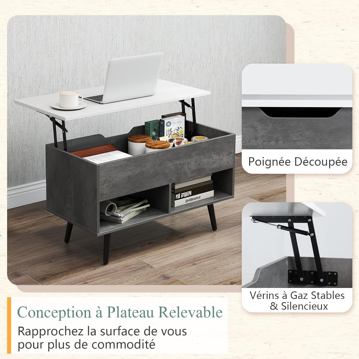 Tavolino Salotto Sollevabile in Legno, Tavolino da Caffè con Scomparto Nascosto e 2 Scaffali Aperti, Tavolino Basso e Modern per Soggiorno, Sa - 6