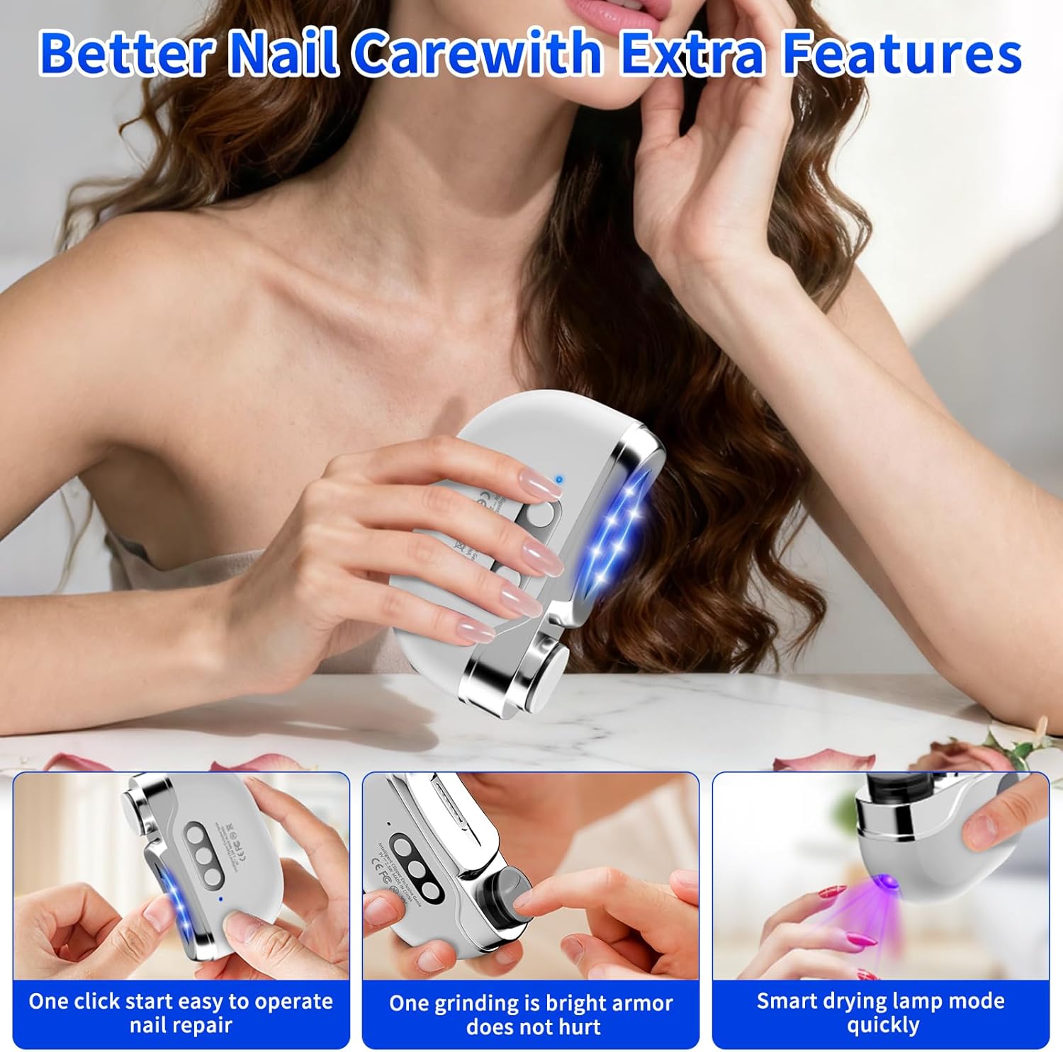 Coupe-ongles intelligent à 3 vitesses réglables pour personnes âgées -rechargeable par USB avec lumière LED et compartiment de récupération des débris - 3