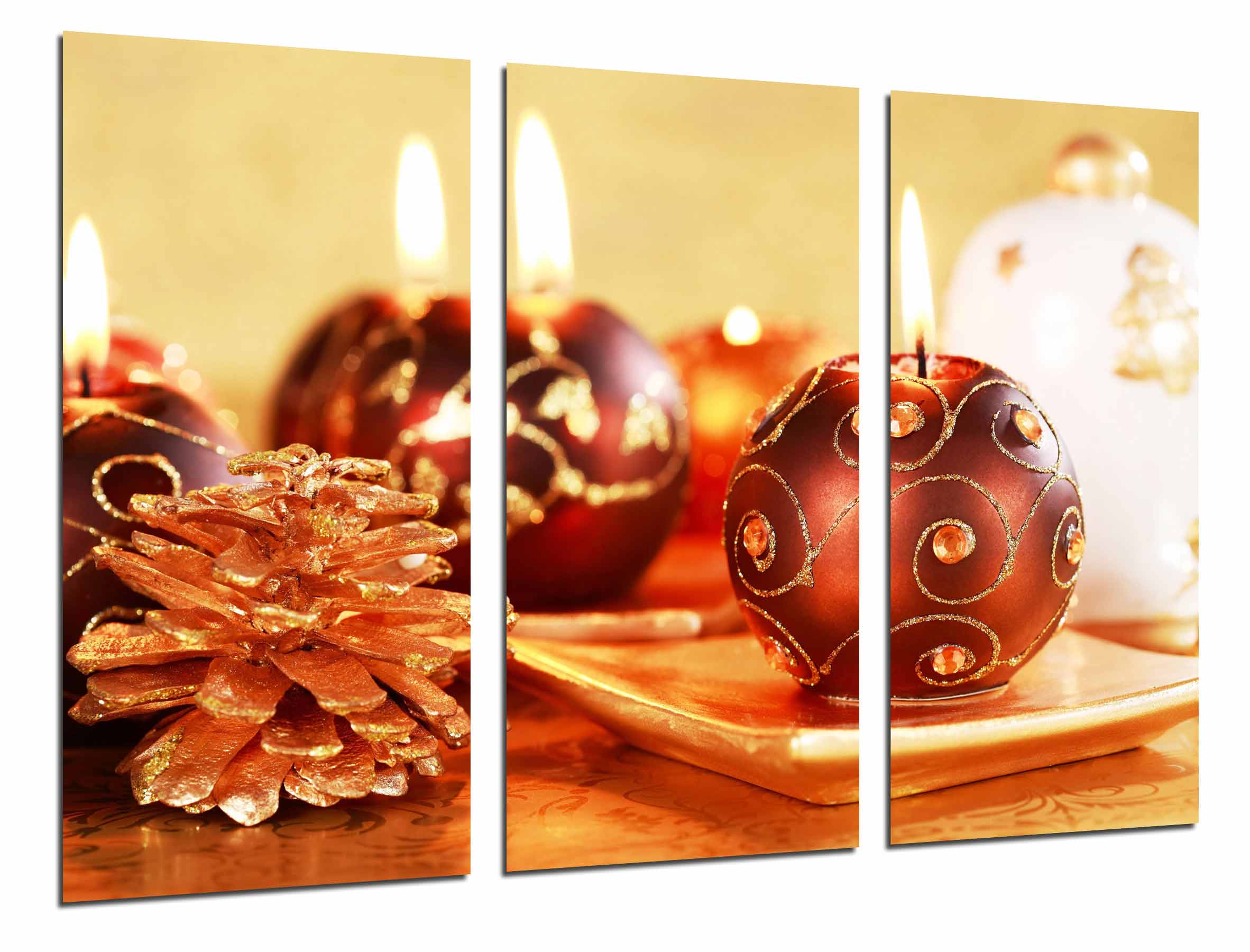 Decoracion navidad roja y dorada, velas y piña, impresión fotográfica sobre madera, cuadro moderno decorativo