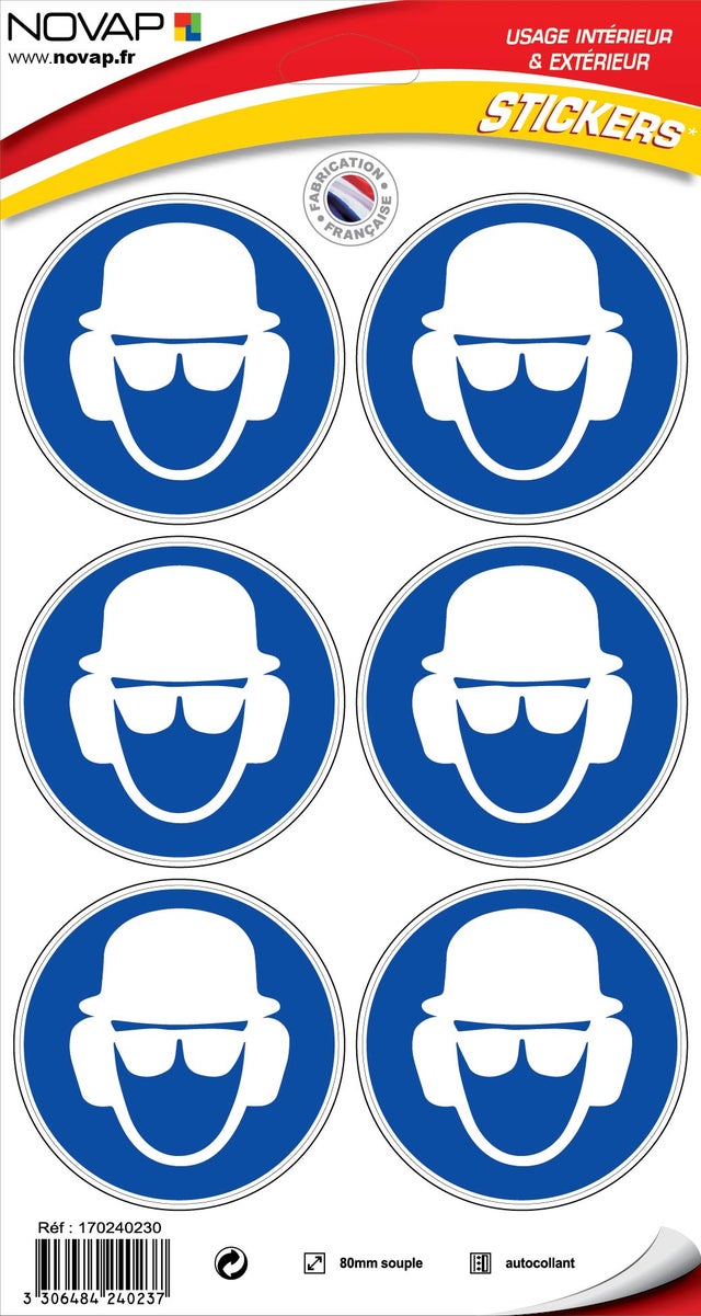 Planche 6 Pictogrammes Ø 80mm - Obligation de porter un casque, lunettes et casque anti bruit - 4240237