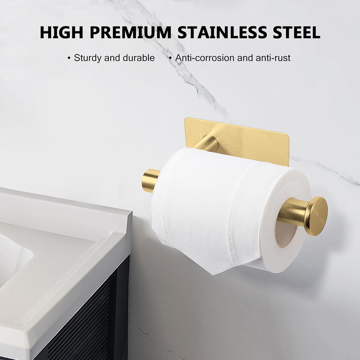 Uchwyt na papier toaletowy ze stali nierdzewnej, bez wiercenia, odpowiedni do łazienki i kuchni, złoty kwadrat - 2