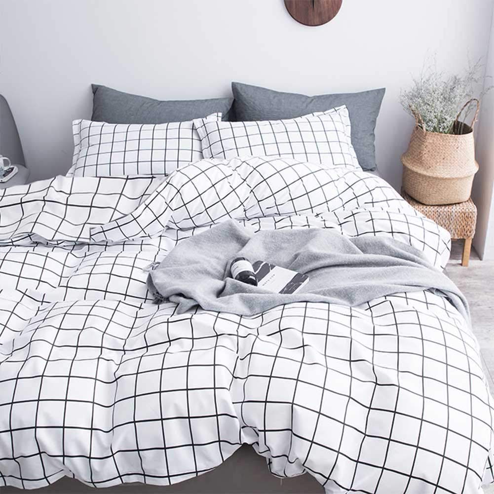 Juego de cama de 4 piezas, funda nórdica de malla a cuadros en blanco y negro con cierre de cremallera y correas en las esquinas (cama de 2 m)