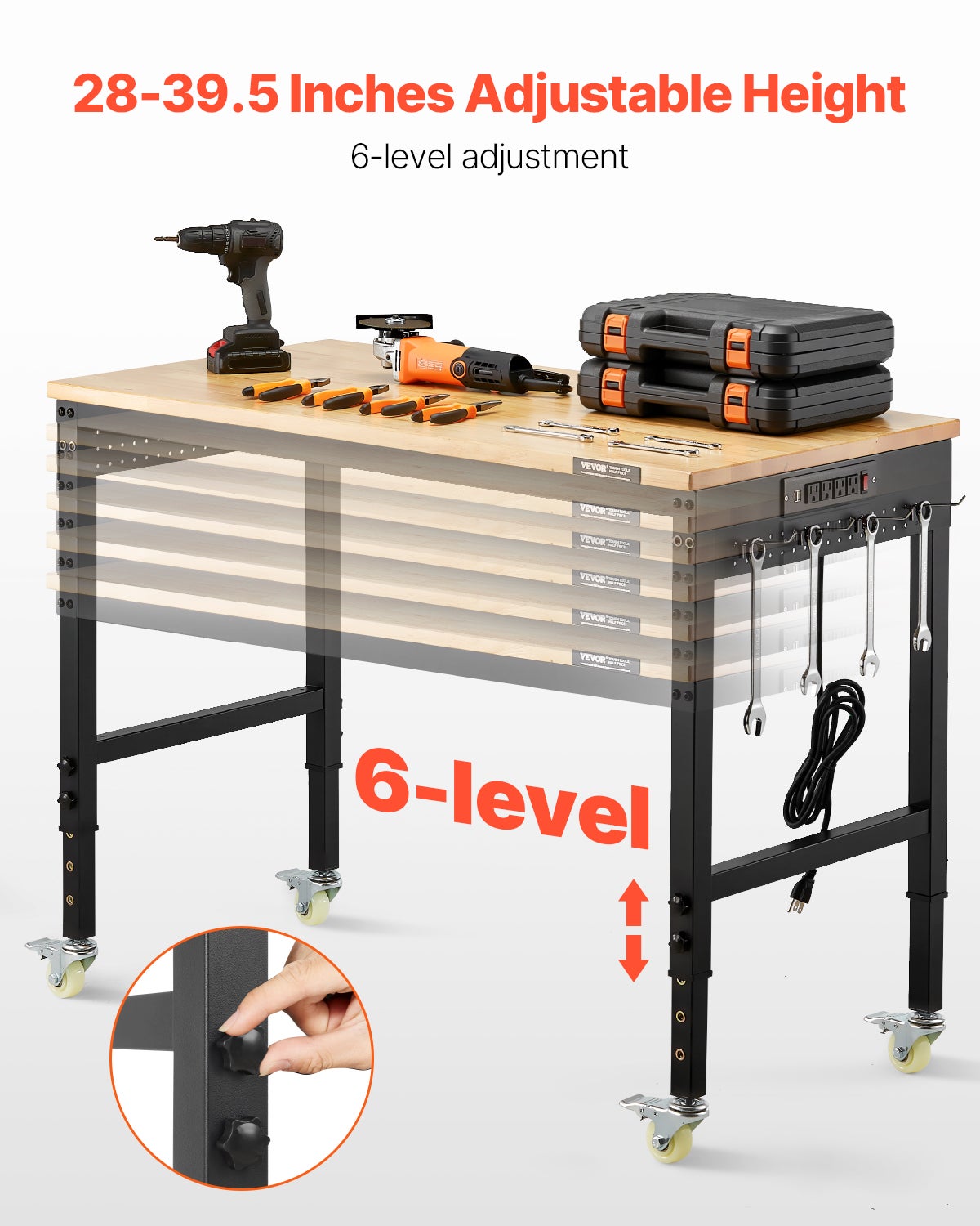 Banco de trabalho para oficina garagem 1220 mm,VEVOR mesa ajustável em altura,capacidade de carga de 907,2 kg,tomada de energia,painel perfurado - 3