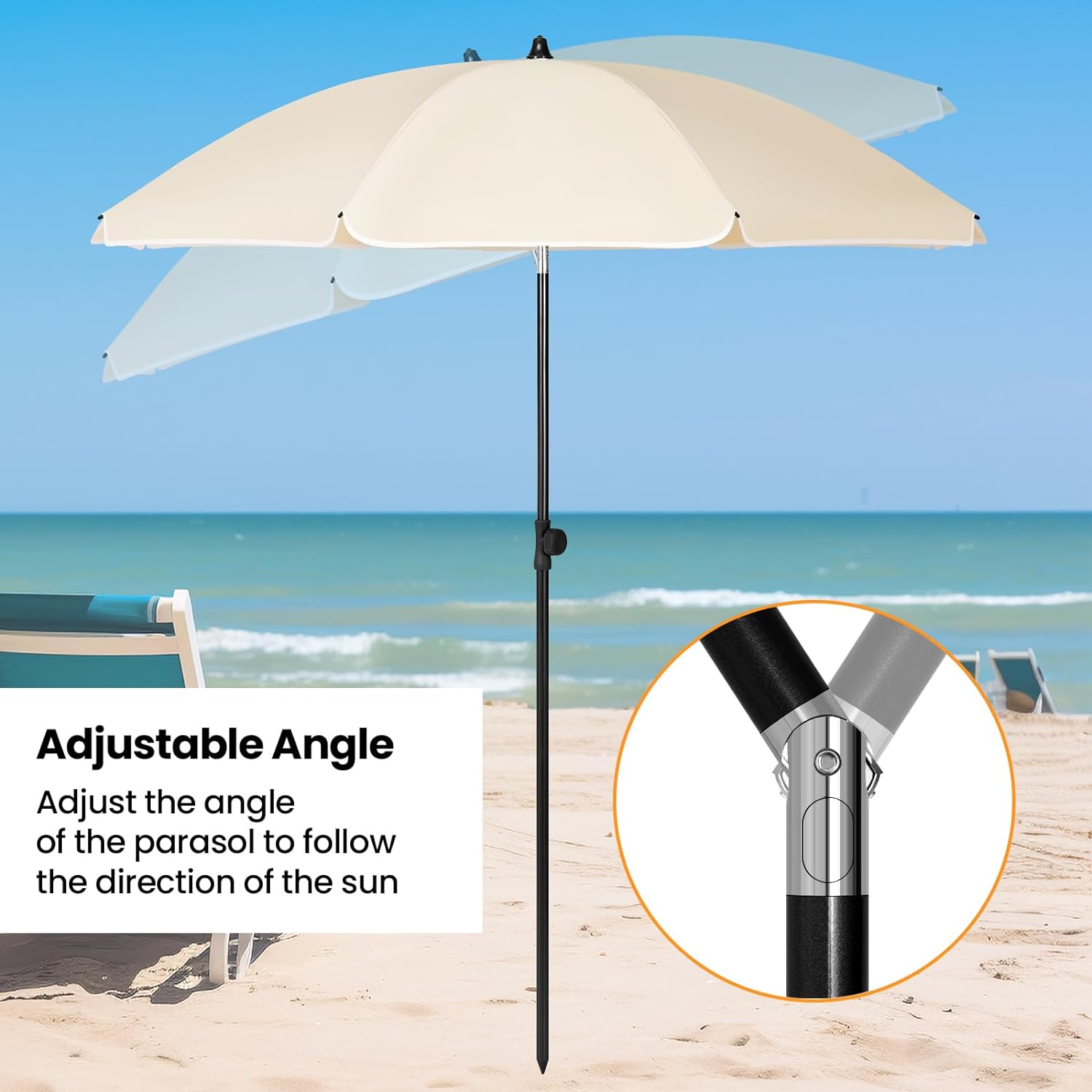 WOLTU Parasol de Jardin Extérieur, Parasol Plage, Hauteur Réglable, Parasol pour Balcon, Terrasse, Plage, Marché, Anti-UV, φ 155 cm Beige - 2