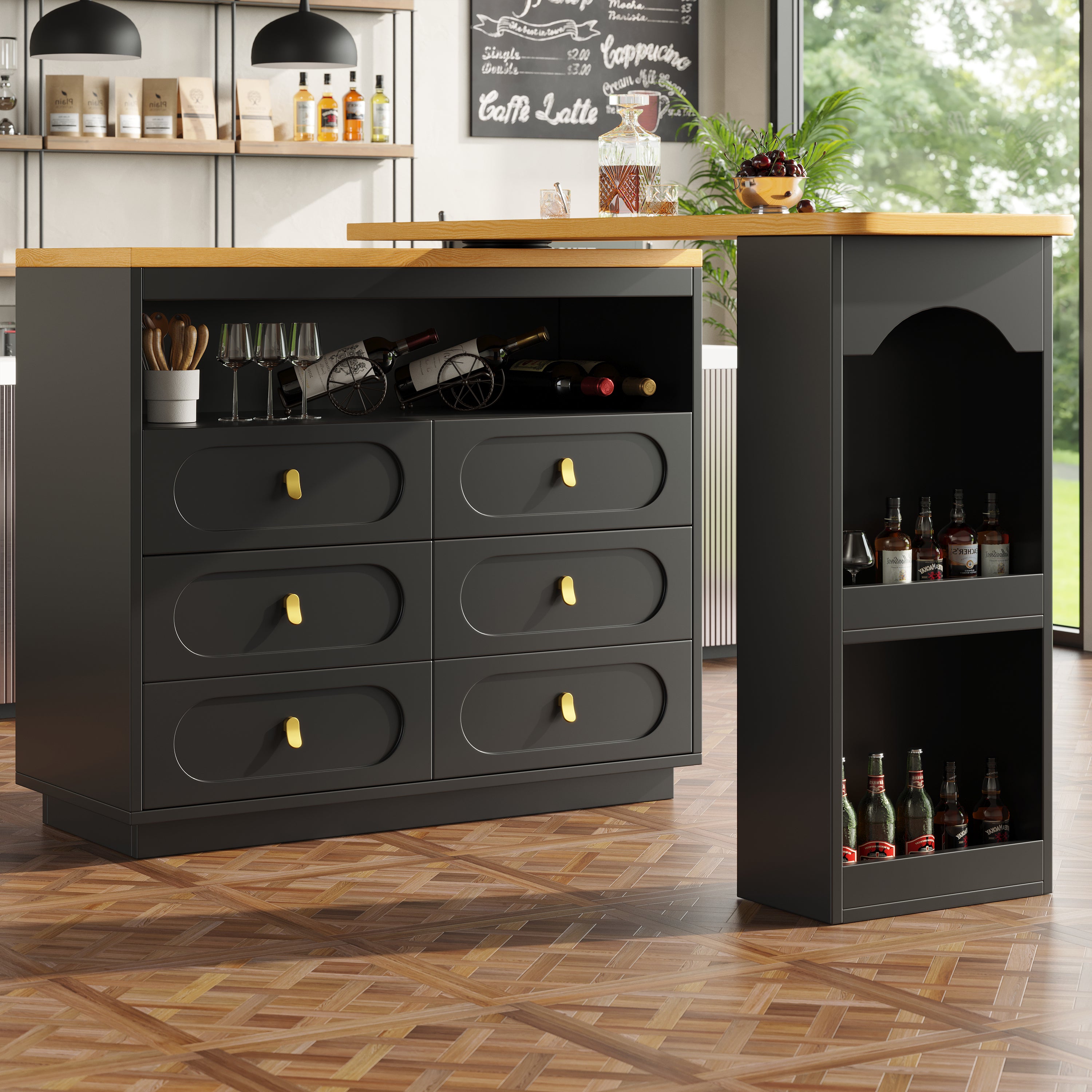Rozkładany barek kuchenny - z obrotem 360° - 203x39x90 cm - 6 szuflad - z półkami bocznymi - czarny
