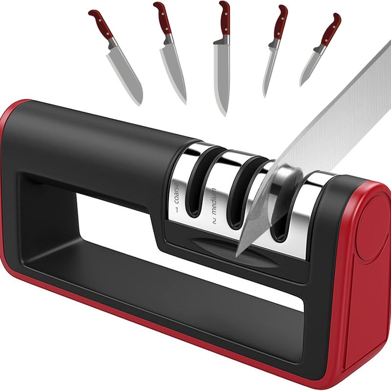 Ostrzałka do noży kuchennych, profesjonalna ostrzałka do noży 3 w 1 z antypoślizgową podstawą, system ostrzenia z powłoką diamentowo-wolframową