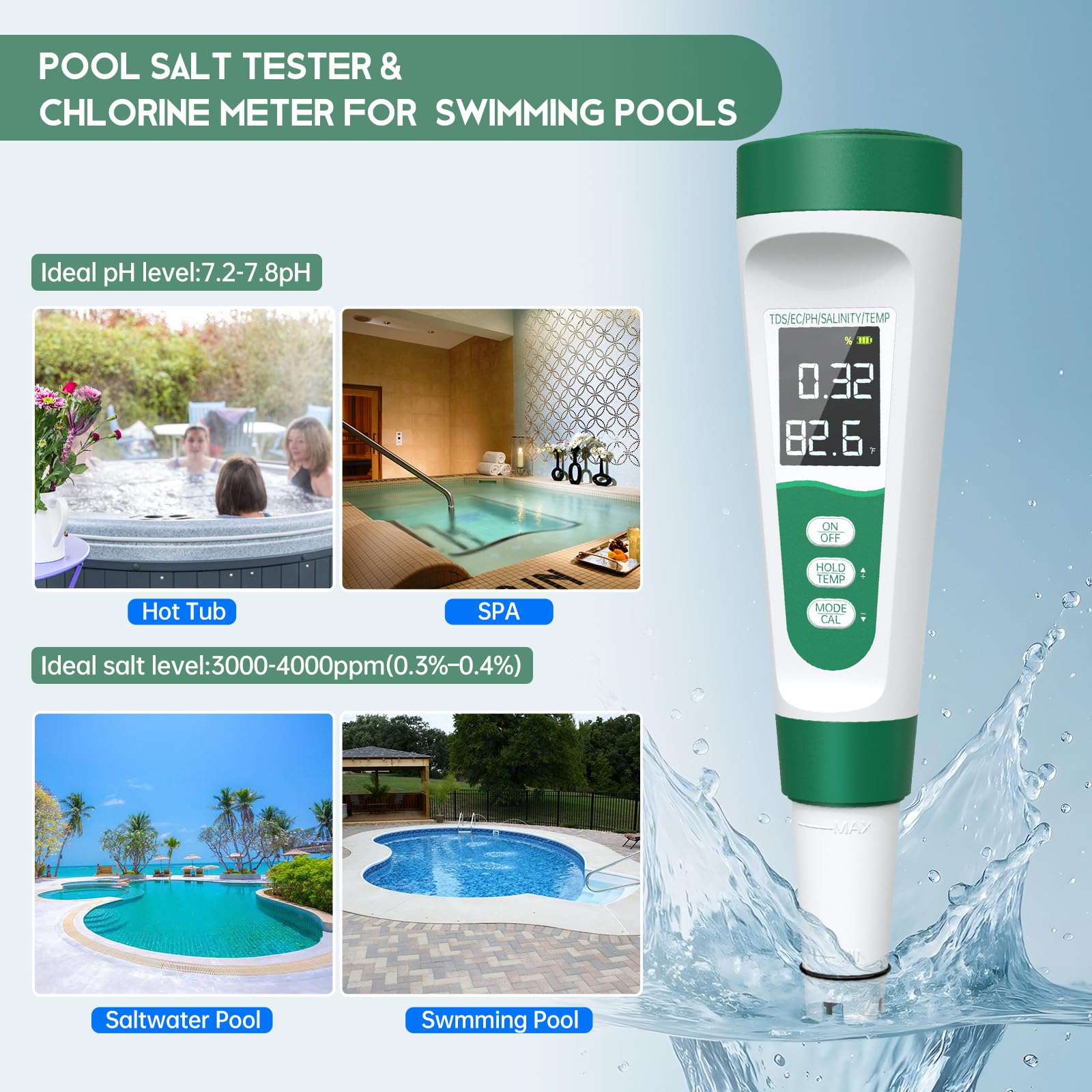 Testeur de sel, pH-mètre, testeur d'eau numérique 5 en 1 pour la salinité, la température, la conductivité et le TDS pour piscine, spa et aquarium. - 9