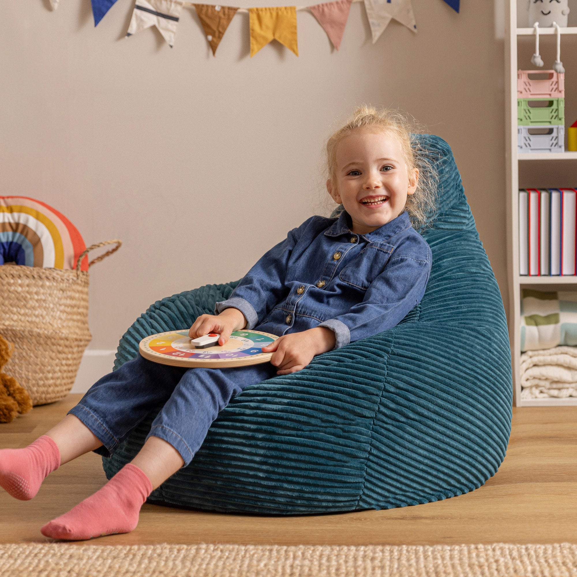 Pouf poire enfant Icon à dossier haut velours côtelé bleu canard, 65x65cm Oeko-Tex® - 2