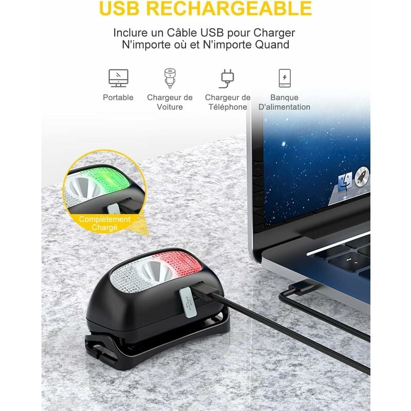 Lampe frontale, puissante et rechargeable avec 5 modes d'éclairage, étanche IPX4, lampe frontale LED portable avec lumière rouge - 4