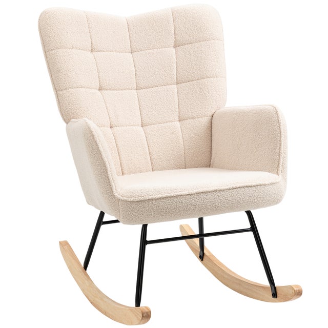 Fauteuil bascule intérieur rembourré relaxant toison berbère accoudoirs cadre acier pieds bois hêtre salon chambre beige