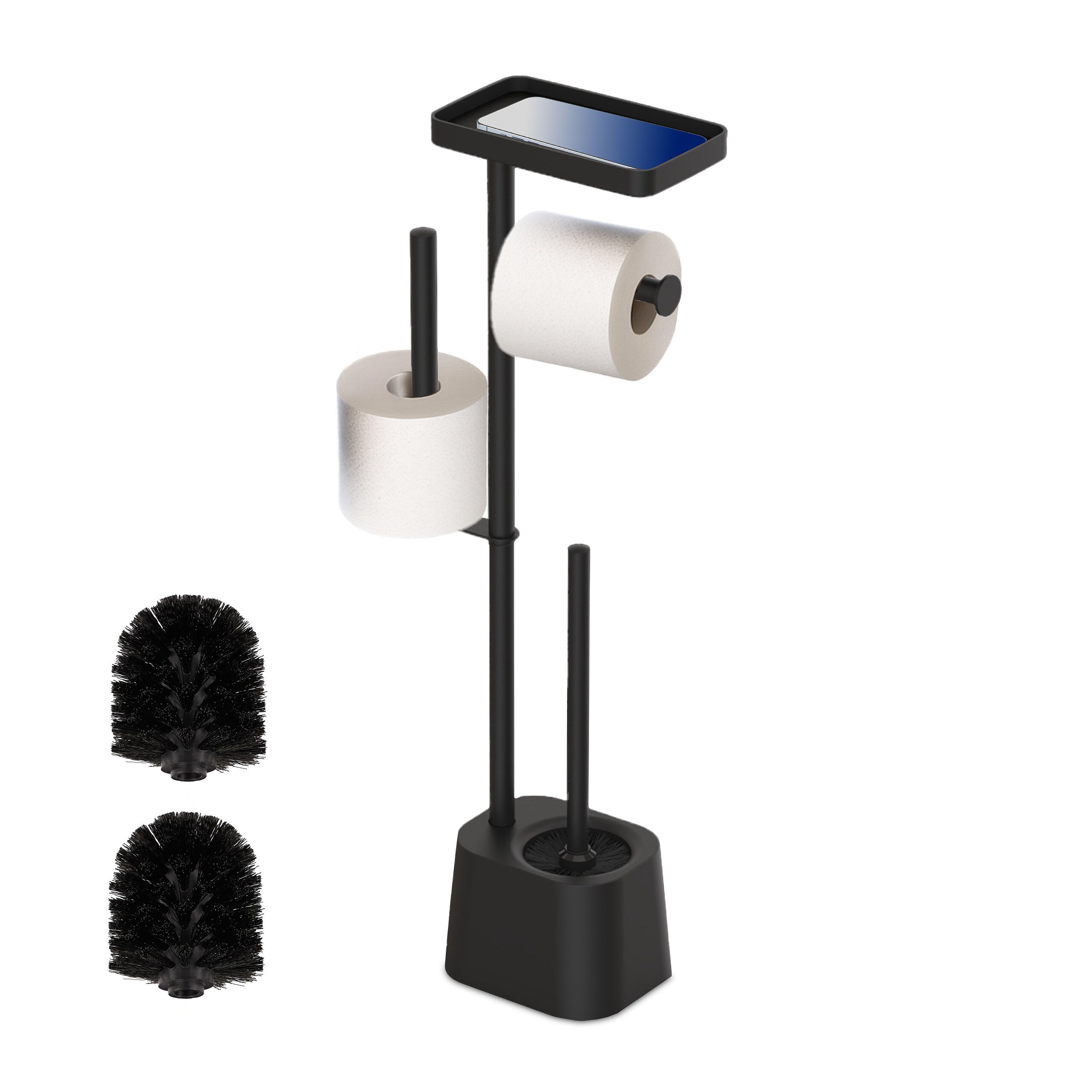 Relaxdays Serviteur WC Bambou & Fer – Support Toilette 3 En 1 Avec Brosse, Porte-Rouleaux Et Tablette, Design Élégant Noir/Nature