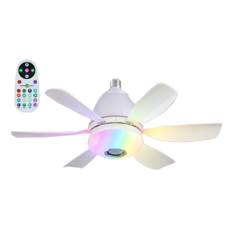 Wentylator sufitowy RGB z regulacją prędkości z oświetleniem, timerem, funkcją muzyczną, odpowiedni do biura, trójkolorowa zmiana światła, biały