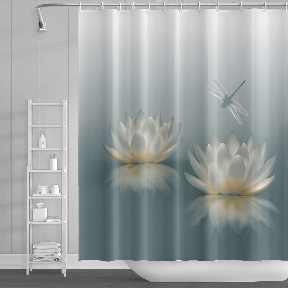 180x180cm Lotos Kwiat Zasłona Prysznicowa Słodka Ważka Zen Spa Elegancka Kwiatowa Duchowa Medytacja Wodoodporna do Łazienki z 12 Haczykami