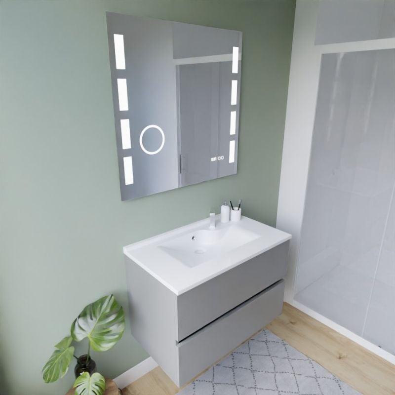Meuble vasque ROSALY INOX 80 cm + miroir Elégance ht105- Gris- Plan vasque en Résine - 8