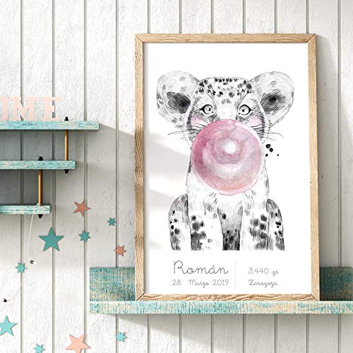 Lamina personalizada leon bebe poster león con chicle y datos del bebe o cuadro de diseño con nombre fecha de nacimiento lugar cuadro de animal bebe
