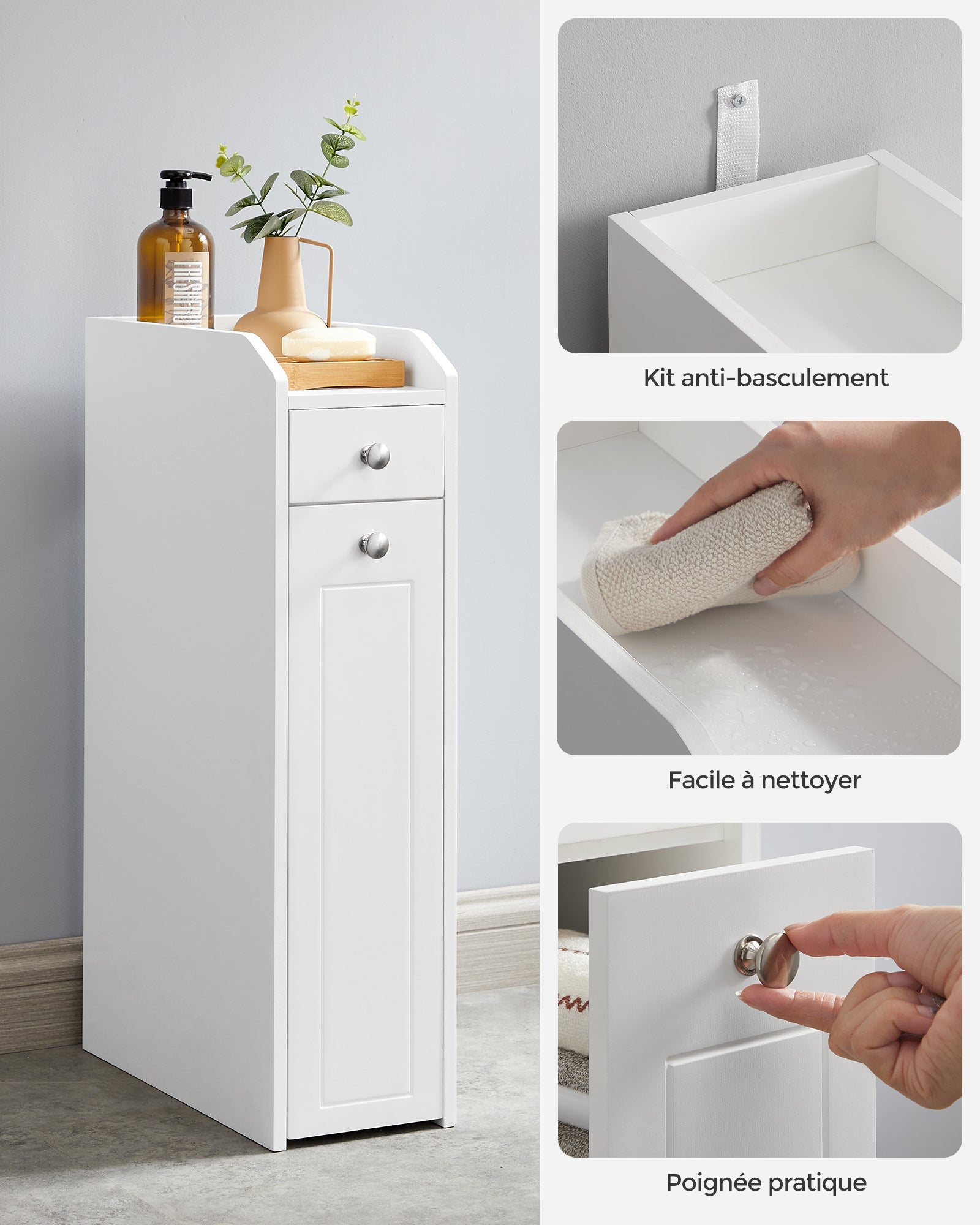Armoire de salle de bain avec tiroirs, 18 x 40 x 70 cm, Blanc - 3