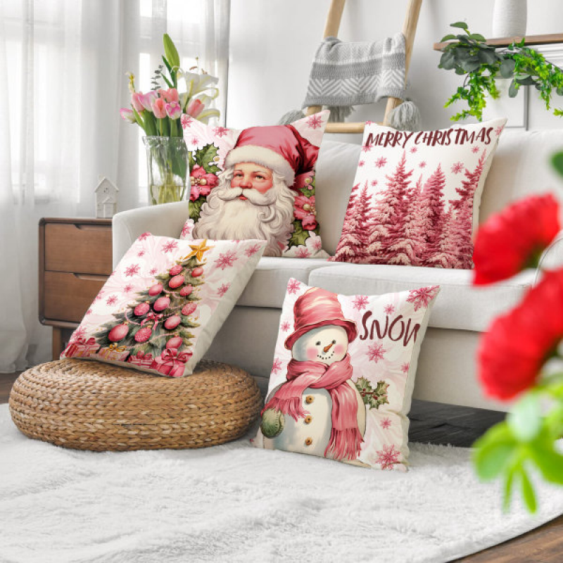Fundas De Almohada Navideñas PANDICORN - Juego De 4, 16x16 Pulgadas, Diseño Vintage Papá Noel, Reno
