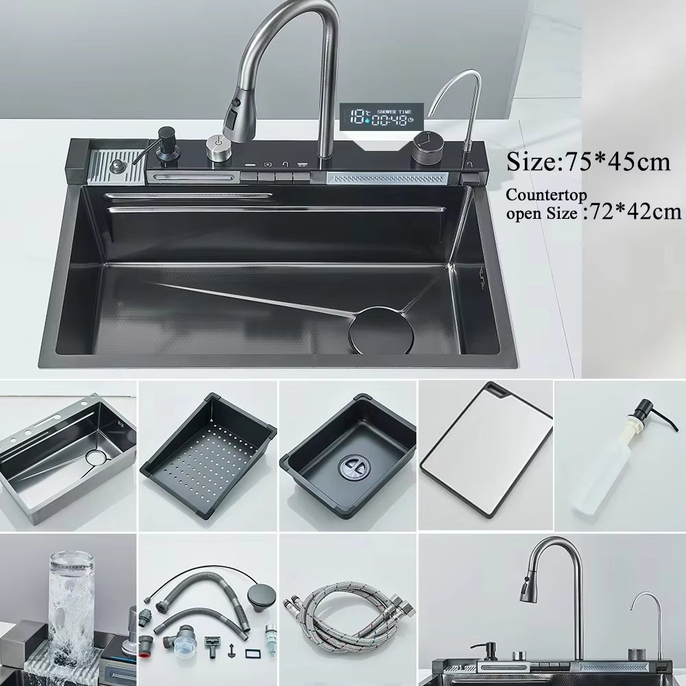 Set lavello da cucina con display digitale intelligente, purificatore d'acqua a cascata, distributore di sapone, lavabicchieri - 7
