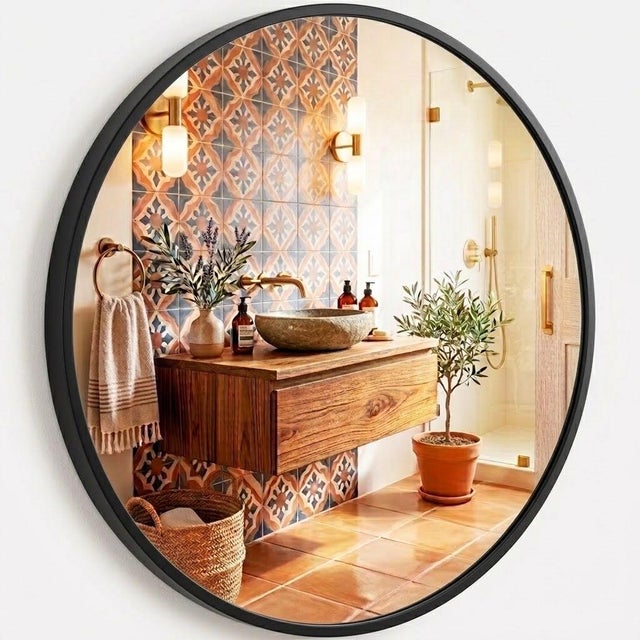 Espejo redondo de pared con marco de metal 70cm, NEGRO - Estilo moderno para baño, salón o entrada