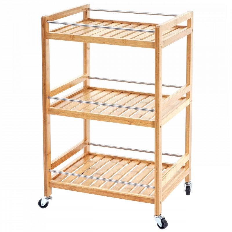 Wózek HWC-D91, uniwersalny regał na kółkach, 3 poziomy bambus 76x46x38cm