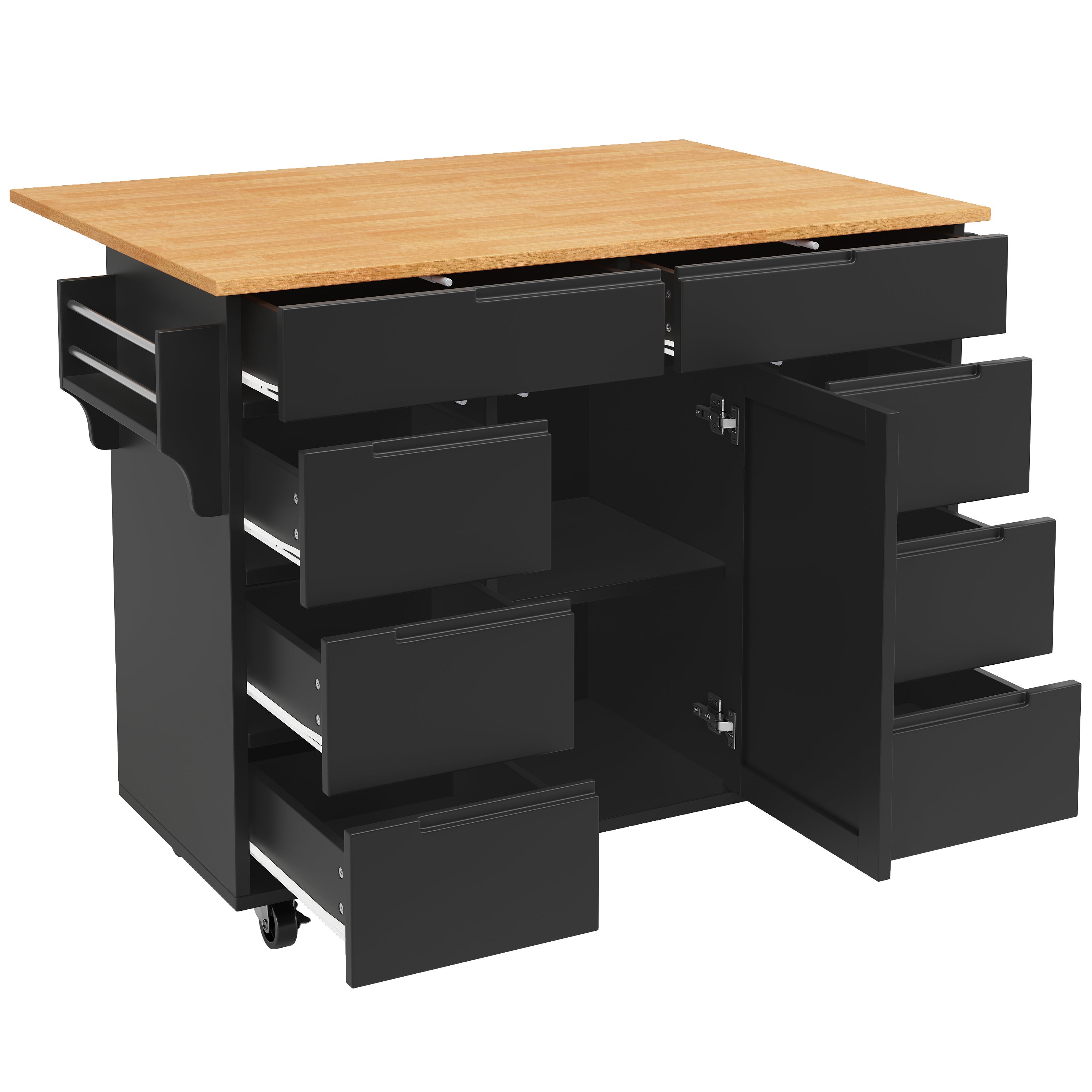 Ilot central de cuisine mobile - Plateau extensible - 8 tiroirs et 1 porte - Avec étagère à épices - MDF - Noir - 5