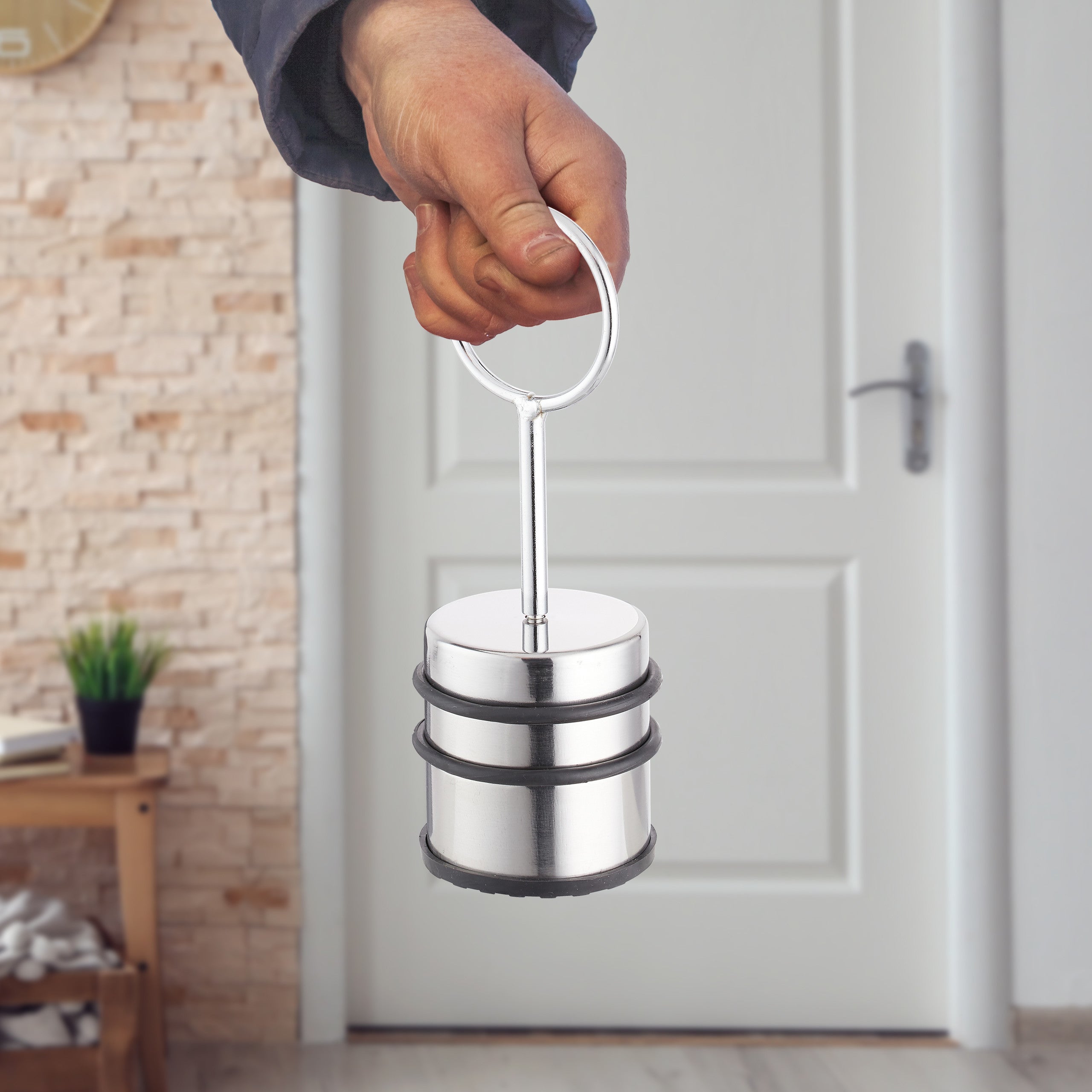 3x Fermaporta con Manico, Massiccio, Gommini Antigraffio, Porte e Finestre, Acciaio Inox, H: 20,5 cm, Argento - 2