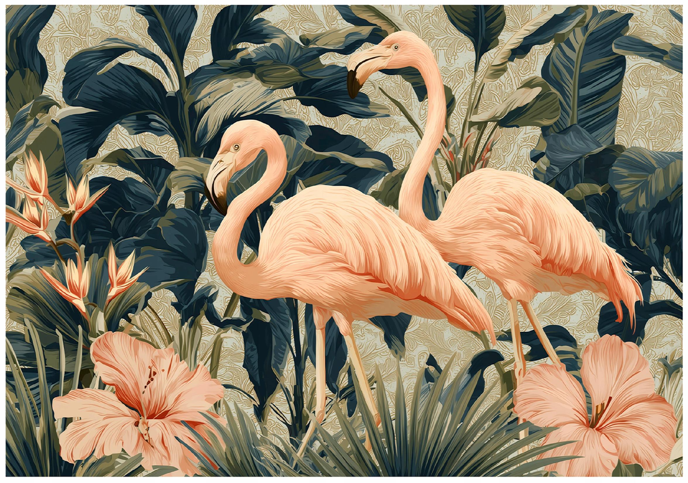 Fototapeta Flamingi Liście Abstrakcja 350x250 cm Tapeta Do Sypialni Salonu Kuchni Na Flizelinie