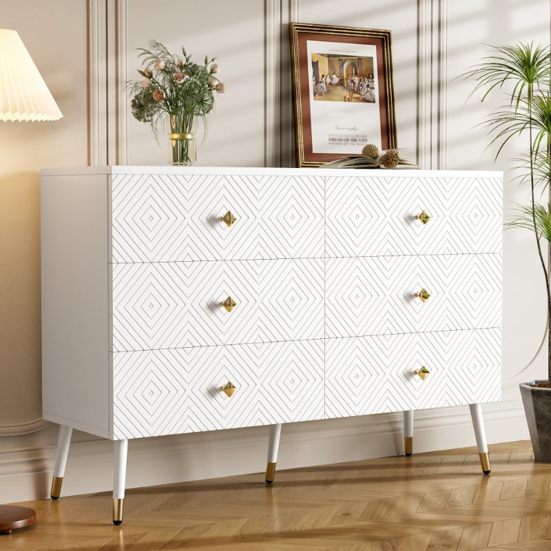 Nowoczesna komoda z 6 szufladami – 120x40x80 cm – Elegancki biały design ze złotymi metalowymi nogami – idealna do sypialni i salonu