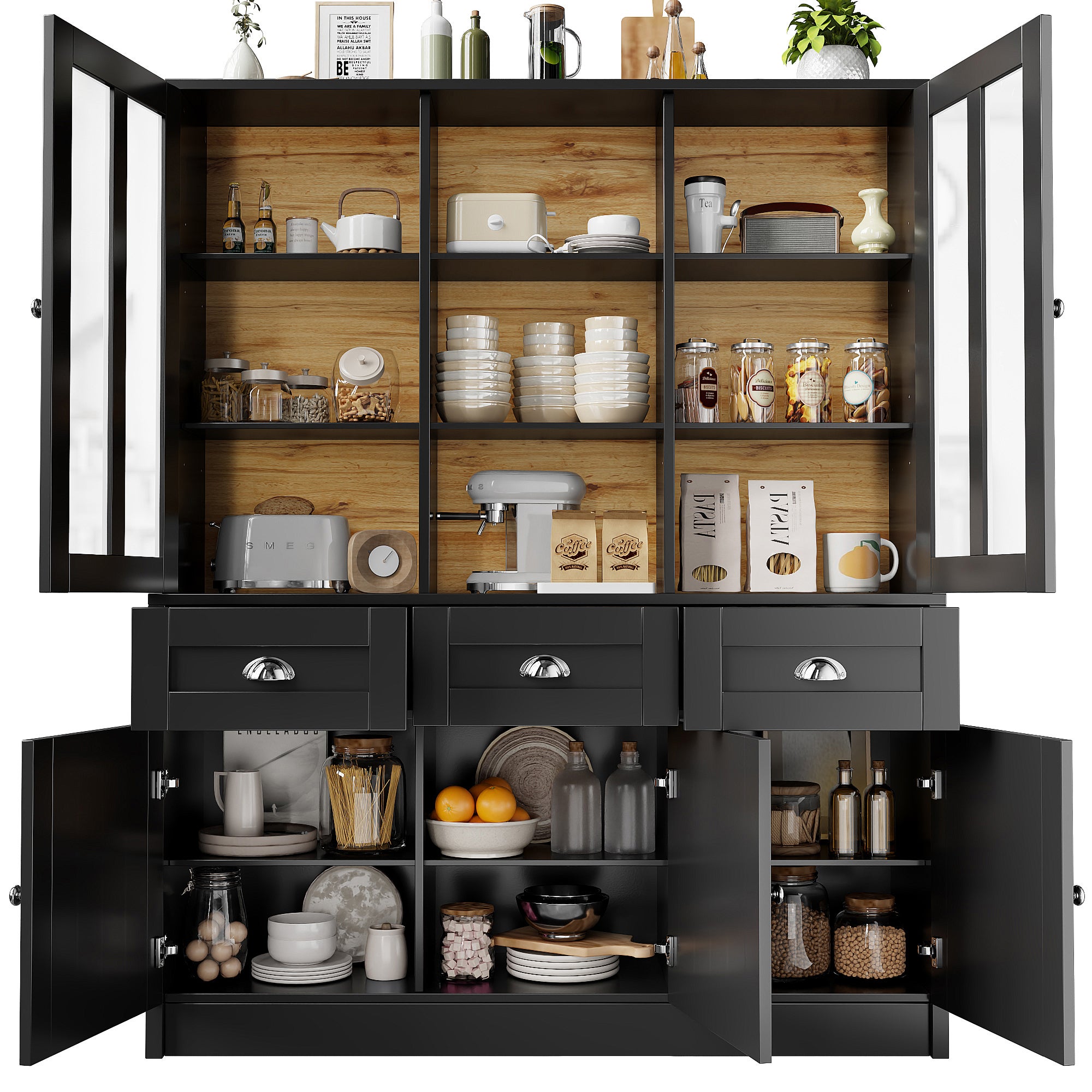 Armoire De Cuisine/buffet 90x40x90 Cm Avec éclairage LED - Portes Acrylique Coulissantes - 3 Tiroirs - Marron